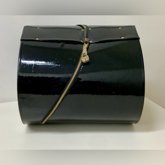 1950s Vintage Blondy Glossy Patent Black Zippered Handled Hat Box - Picture 11 of 16